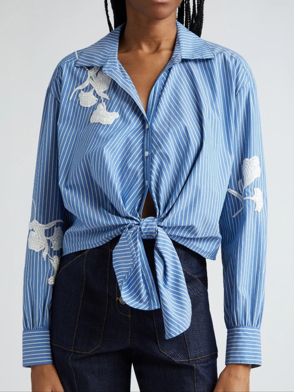 cinq à sept Blue and White Striped Tie-Front Shirt with Beaded Floral